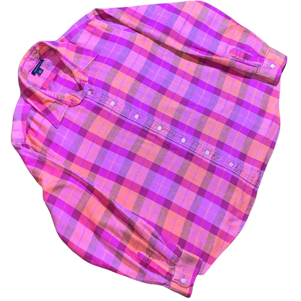 Lands’ End Women’s XL Plaid Button Down Shirt Pink Orange Long Sleeve